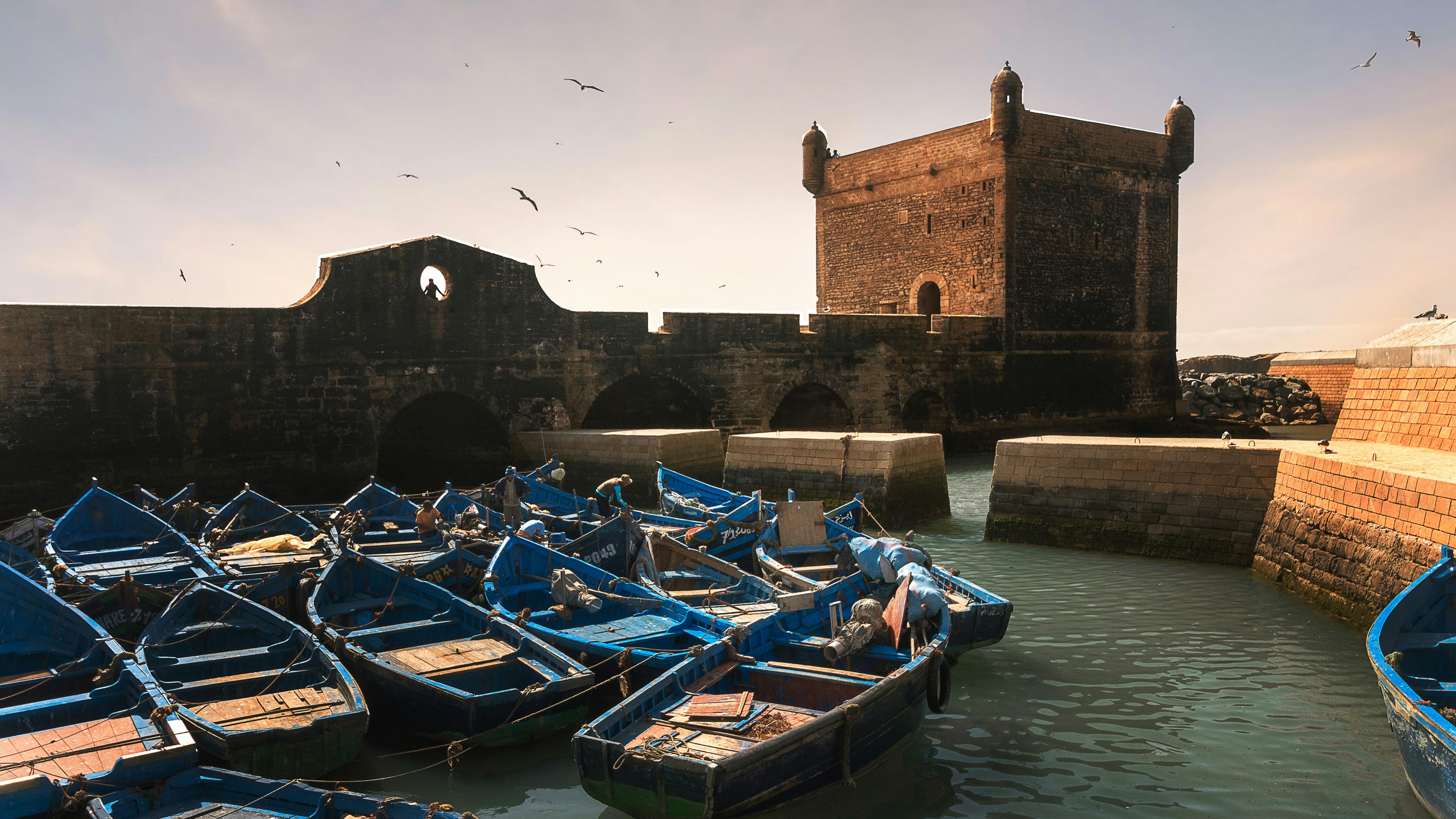 Fishing boats moored at the port of Essaouira in Morocco